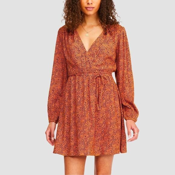 Billabong Caramel Brown Leopard Print Spring Romance Wrap Mini Dress - Picture 1 of 7
